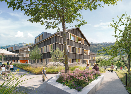 Projektleitung bei der Erstellung des Richtprojektes für die Erarbeitung des Quartierplanes Rässes in Appenzell. 3 identische Wohnhäuser mit Holzfassade.